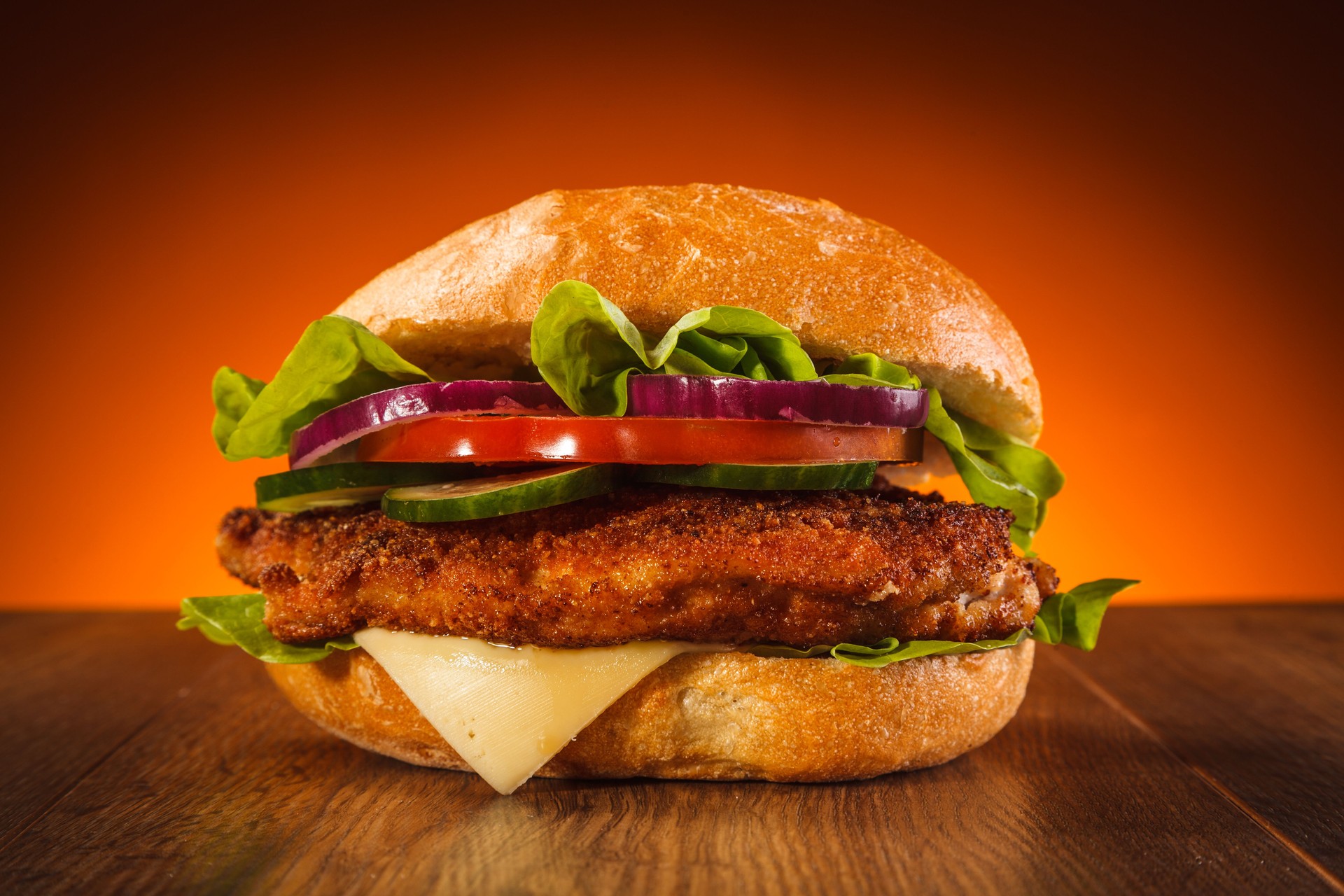 Big burger on wooden table